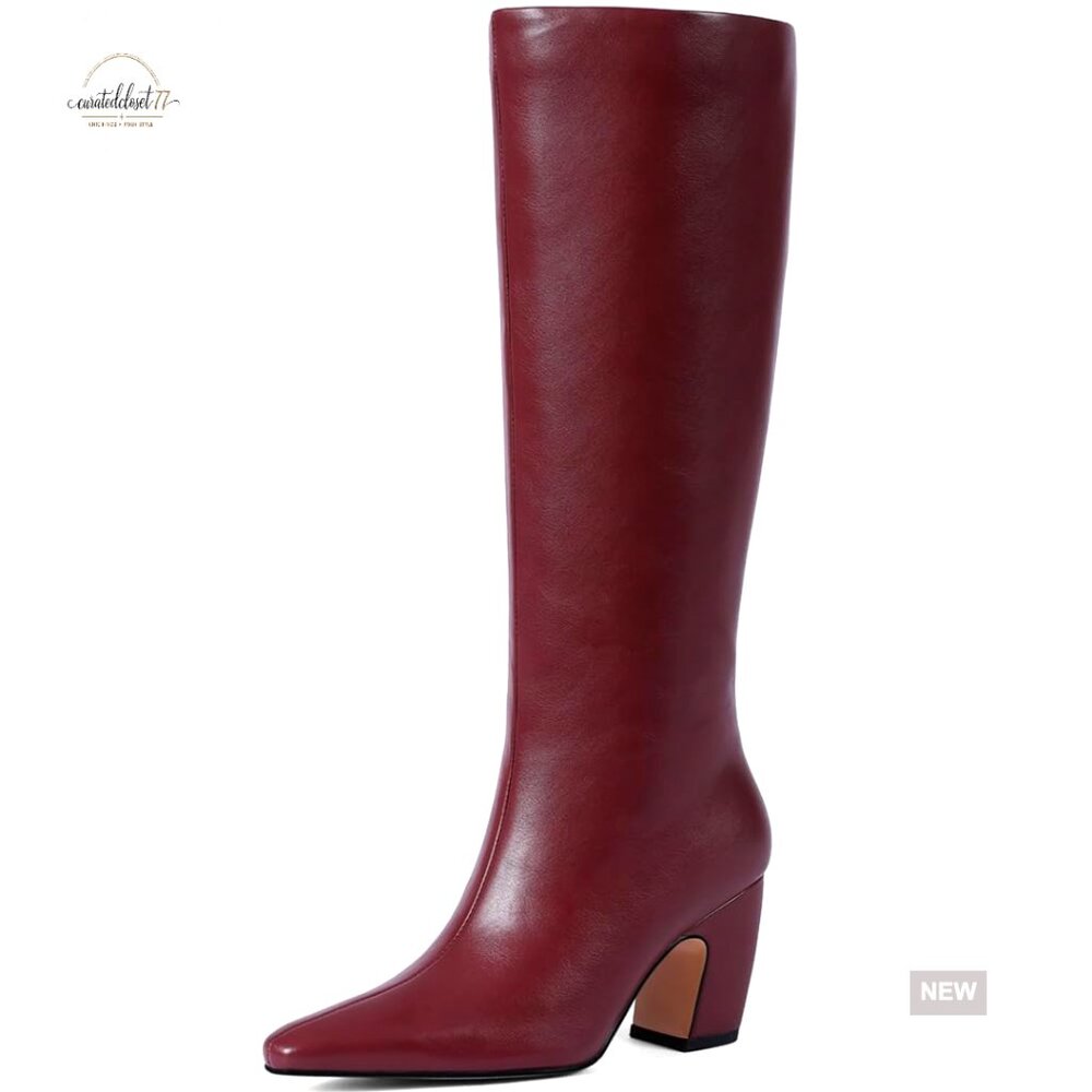 Knee High Boots Square Toe Faux Leather Chunky Heel Riding Boots Women
